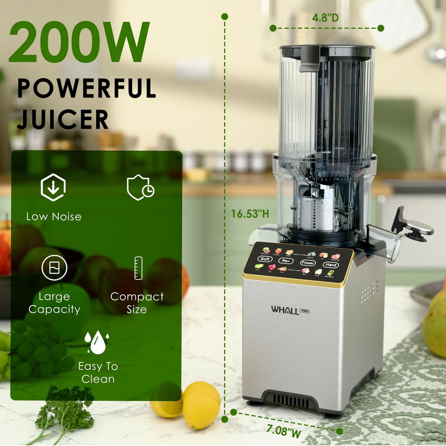WHALLPRO Slow Masticating Juicer machines, Touch Control Cold Press Juicer with Wide Feed Chute, Juicer Easy to Clean for Whole Vegetables Fruits, Ergonomic Operational Panel,High Juice Yield,Titanium