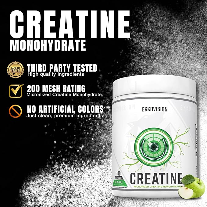 Ekkovision Creatine Monohydrate Powder, Micronized, Green Apple, Pre Workout & Post Workout Supplement for Men and Women, Energy Support, Easy to Mix in Shakes, Smoothies & Beverages, 100 Servings