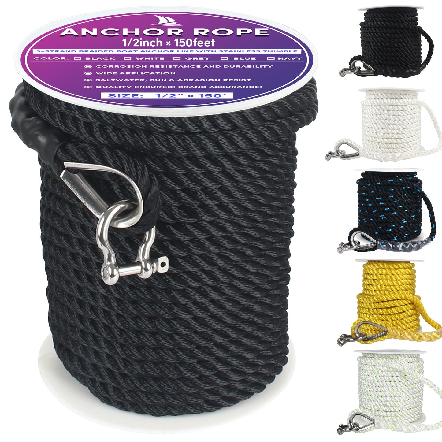 VEITHI Boat Anchor Rope 150 ft x 1/2 inch Black, 3 Strand Anchor Line Marine Rope with Stainless Steel Thimble & Shackle Ideal for Towing,Docking,Boats,Mooring,Anchoring,for Boats Up to 35'