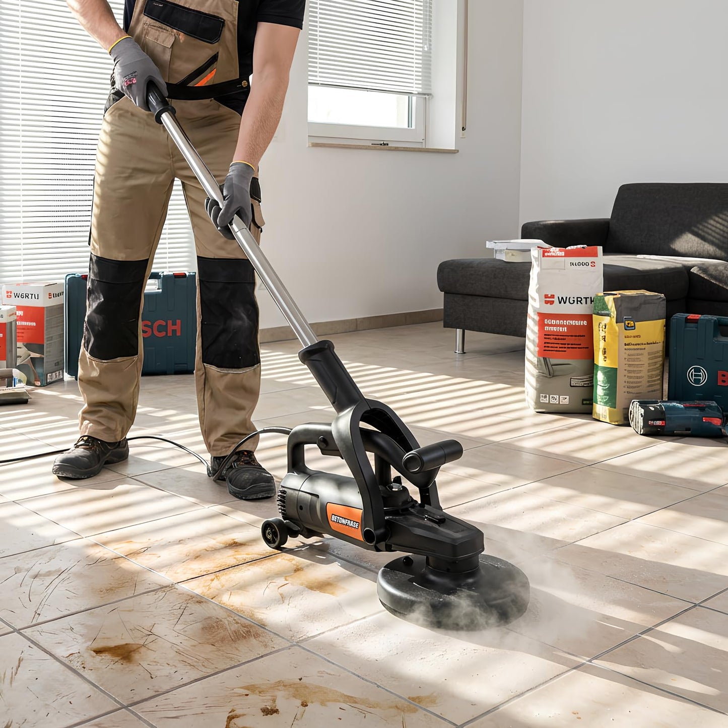 7 Inch Concrete Grinder Set with with Extendable Rod, 3800W Concrete Floor Polisher with Dust Extraction Shroud, 6 Gears, 6000RPM Concreter Surface Planner for Grinding Concrete Cement Marble