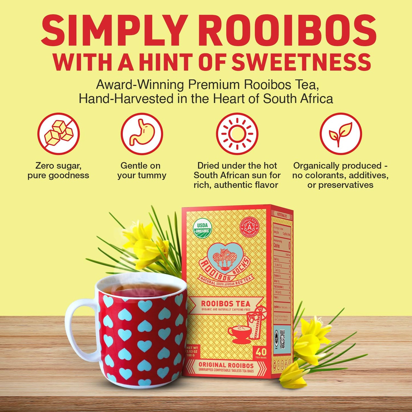 Caffeine Free Red Rooibos Tea Bags 40 - Naturally Sweet Herbal Tea Safe for Children and Pregnant Women - Low Tannin, Premium Organic Rooibos Tea Sustainably and Ethically Farmed in South Africa