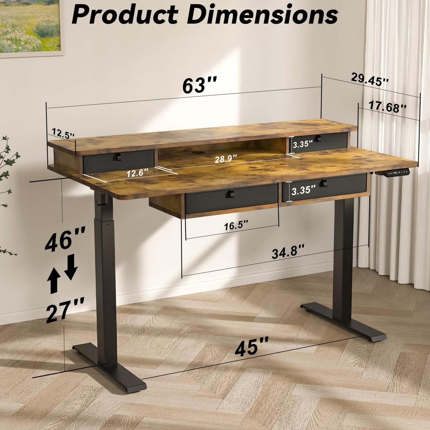 FiCiHi Adjustable Height Standing Desk with 4 Drawers,63 x 30 inches Electric Sit Stand Home Office Desk with Two Tiers, 3 Memory Presets, Monitor Stand Riser, USB A/C Charging Port