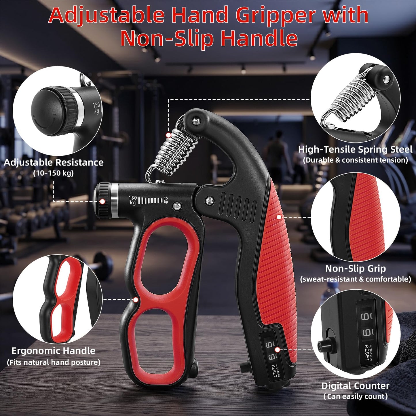 Grip Strength Trainer Adjustable 22-330 lbs, Hand Gripper Strengthener with Counter, Heavy Duty Forearm Strengthener, Wrist & Finger Exerciser, Grip Trainer for Hand Strength, Rehab & Workout, Red
