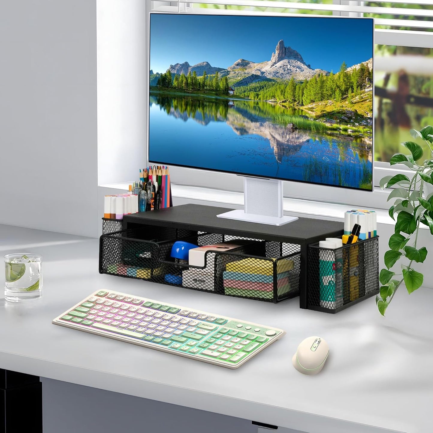 Qupui Computer Monitor Stand Riser with Drawer and Pen Holders, Desk Organizer Shelf and Accessories, Office Desk