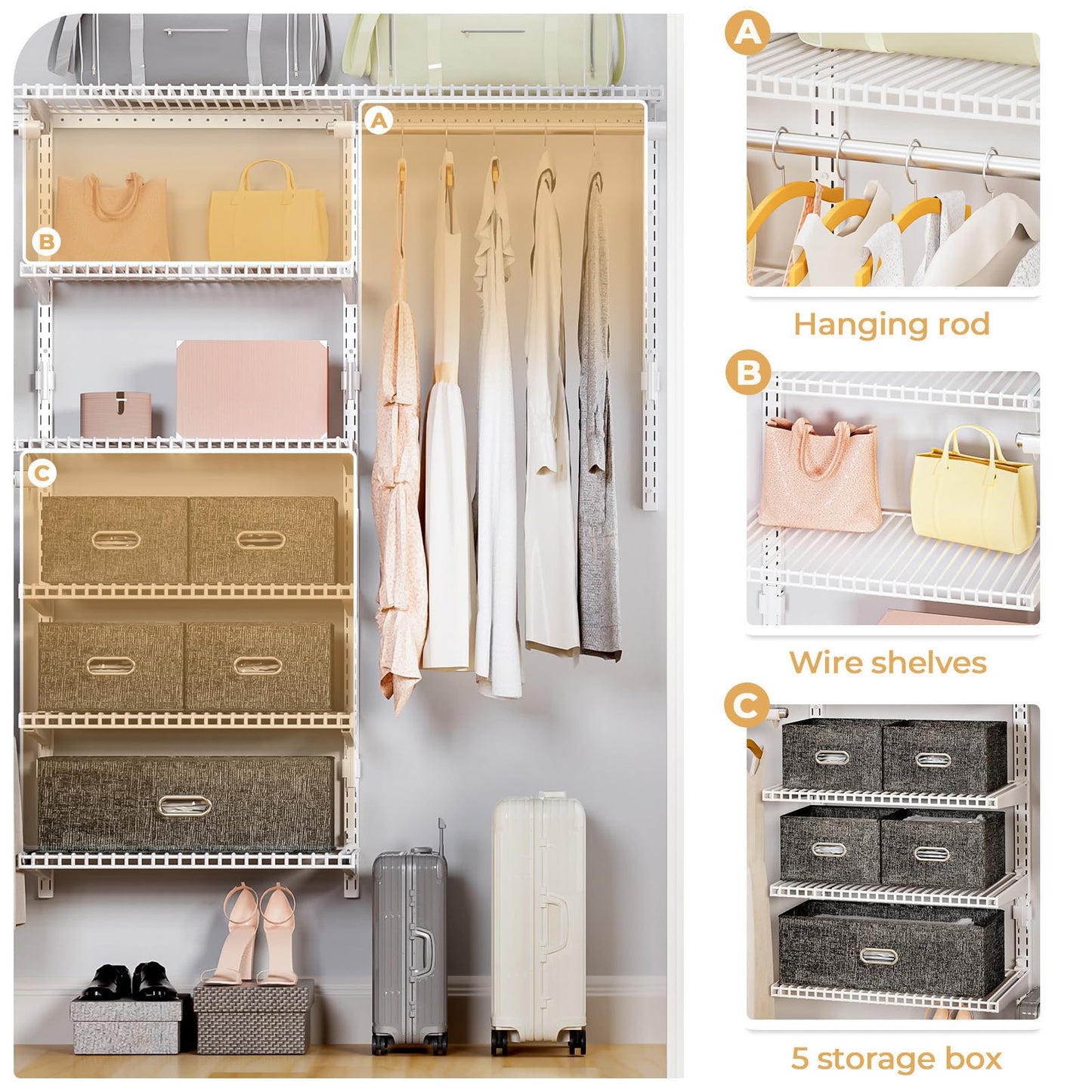 Vilaxing Wire Closet Organizer System, Wall Mounted 8.7 Ft. Custom Closet Kit for Bedrooms Laundry Mudroom Garage Basement, Adjustable Storage Shelves for Clothes Shoes Handbags