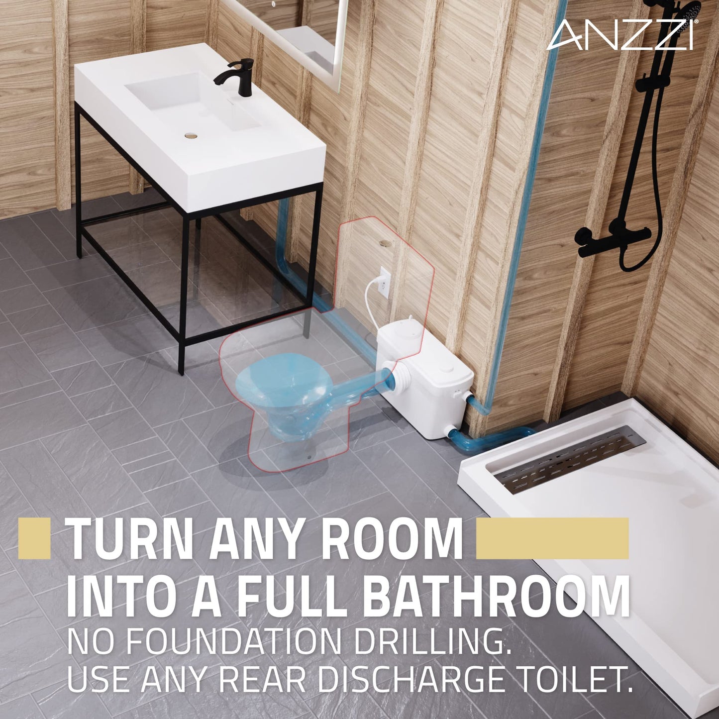 ANZZI Macerator with 0.8-HP Effluent Pump, 115-Volt 600W, High Capacity, Quiet, White - For Toilet, Sink, Tub - Fast 2000GPH, Backflow Prevention, Carbon Deodorizer, Minimal Wiring TL-AZ600MPWH