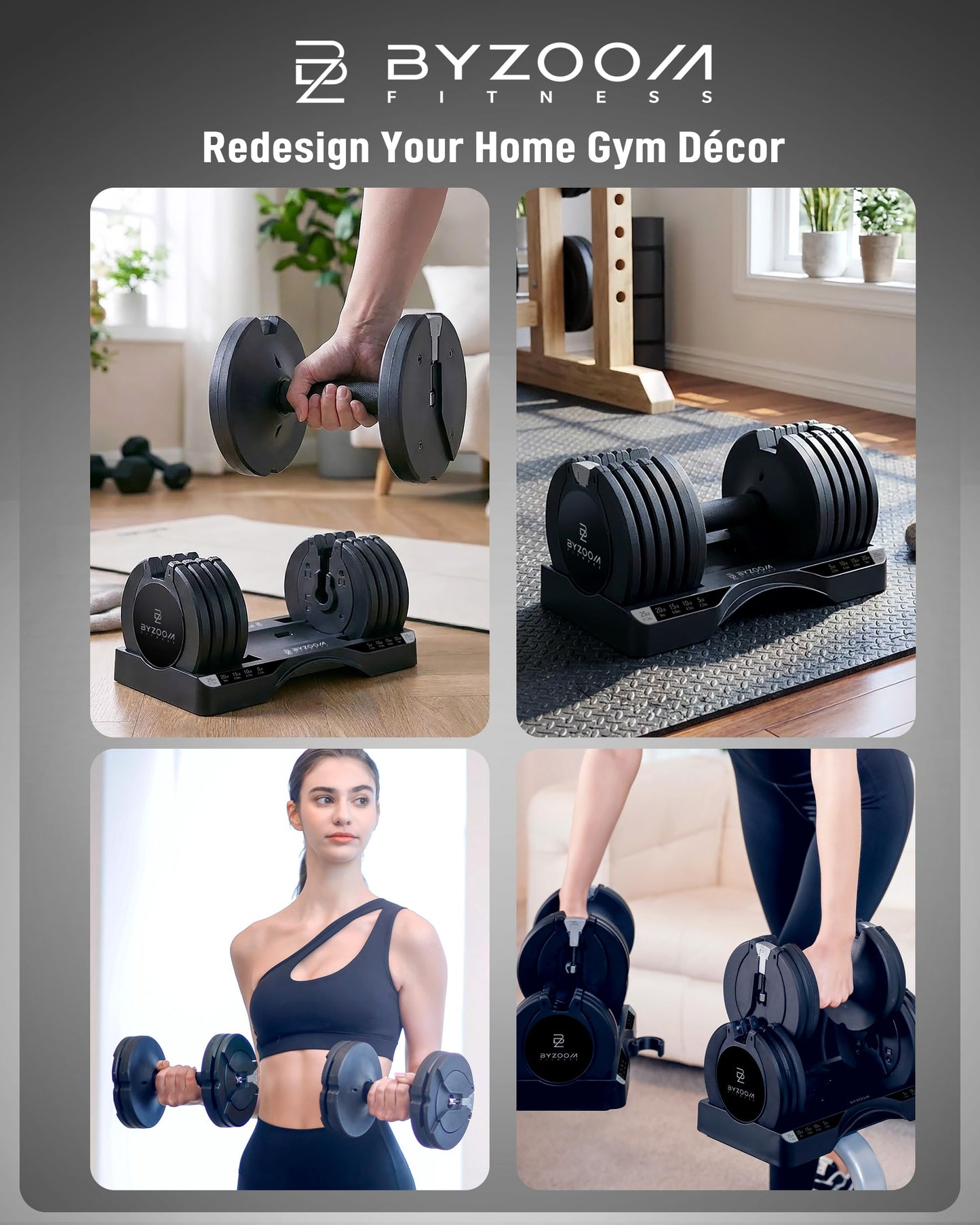 BYZOOM FITNESS Adjustable Dumbbell Set 25lb Single Unit(Buy 2 for a Pair) – 5-in-1 Compact Free Weights for Home Gym, Patented Easy-Adjust Design, Sleek Aesthetic for Strength Training & Workouts, Black