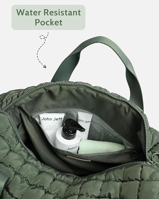 Quilted Duffel Bag for Women, Puffer Gym Duffle Bag with Shoe Compartment Lightweight Large Crossbody Sport Bag Travel Tote JasperGreen