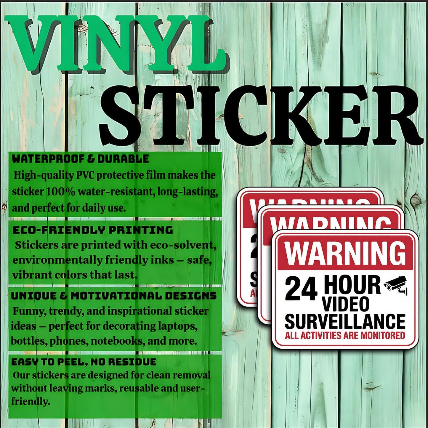 (3Pcs) 24 Pack 3x2.4 Hour Video Surveillance Warning Stickers Waterproof Security Camera Decal Vinyl Sign for Door