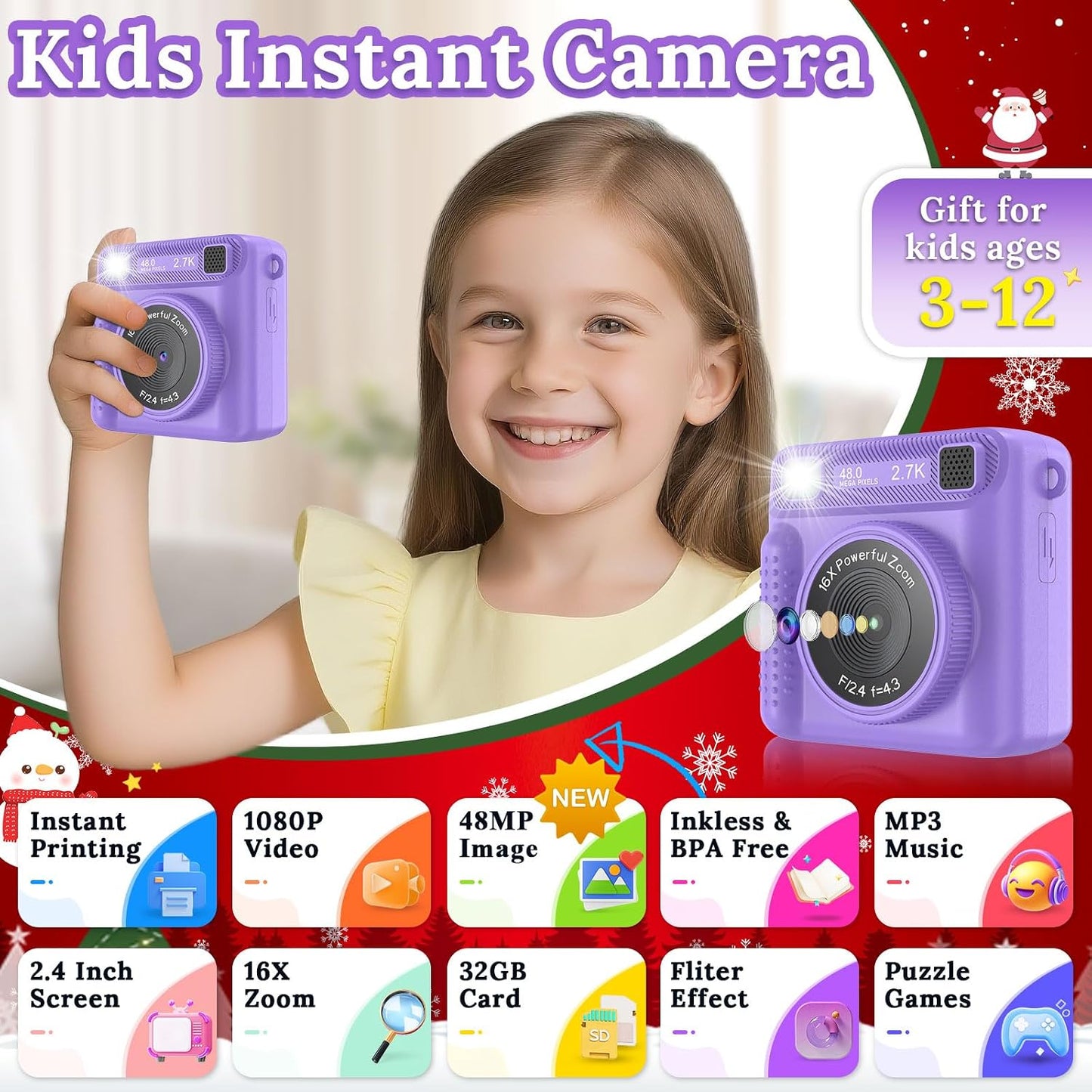 JPVERLY 1080P 32GB 3-12 Kids Camera Instant Print, HD Digital Video Recorder with SD Card, Christmas Birthday Gifts