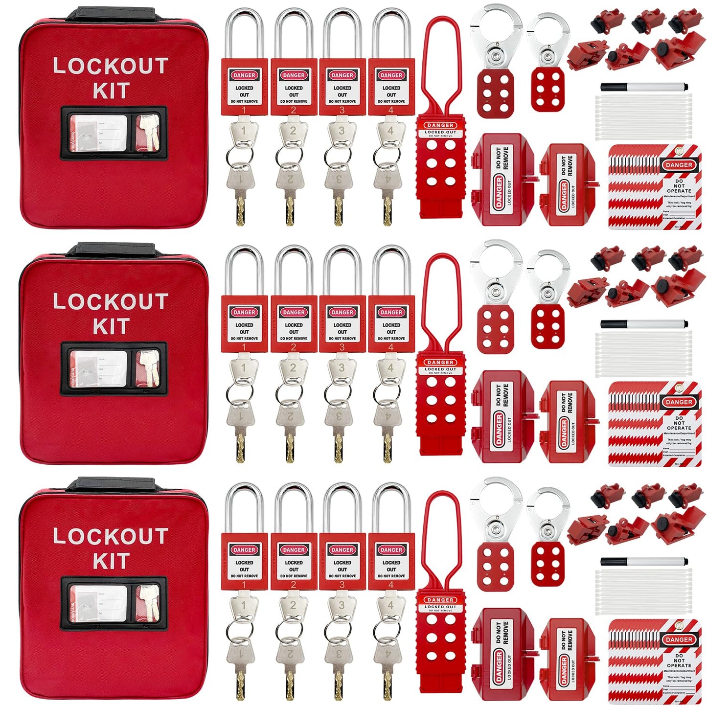 SAFBY 3-in-1 Lockout Tagout (Loto) Kit–Complete OSHA Safety Group Lock Out Hasps, Tag Out Clamp-On Circuit Breaker Lockout for Universal Multi- Pole Breaker Electrical Kits Station (3 Kits in 1)