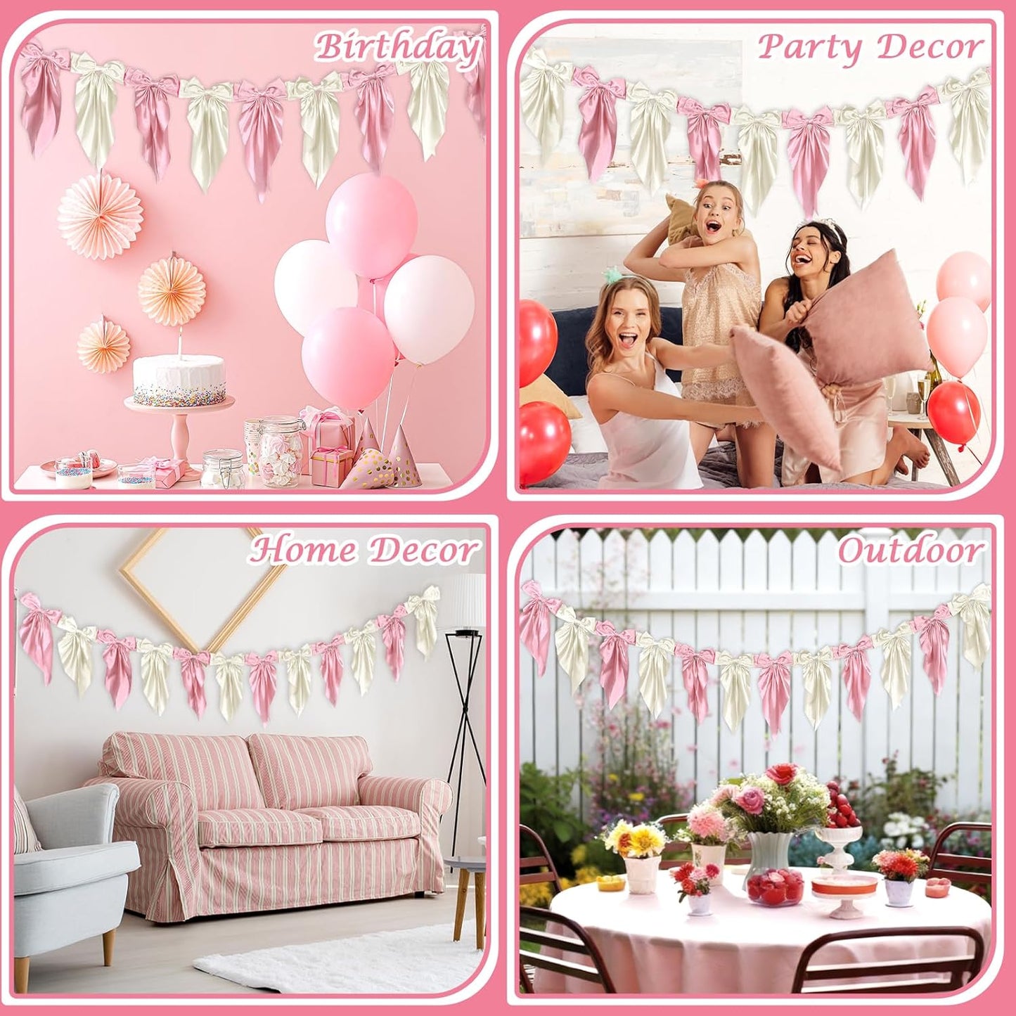White Pink Bow Garland Banner - Satin Ribbon Decor for Fireplace | Perfect for Bachelorette, Bridal Shower, Birthday, and Wedding Parties