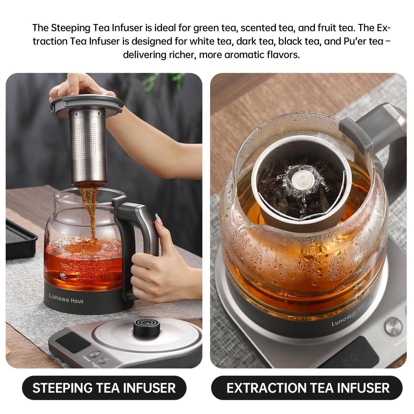 Lunowa Haus 120V Titanium & Glass Electric Tea Kettle, Pro Steam Extraction for All Teas (Green, Black, Oolong), 11 Temp & 10 Strength Levels, 1.2L, 12H Keep Warm, BPA-Free, 2 Infusers
