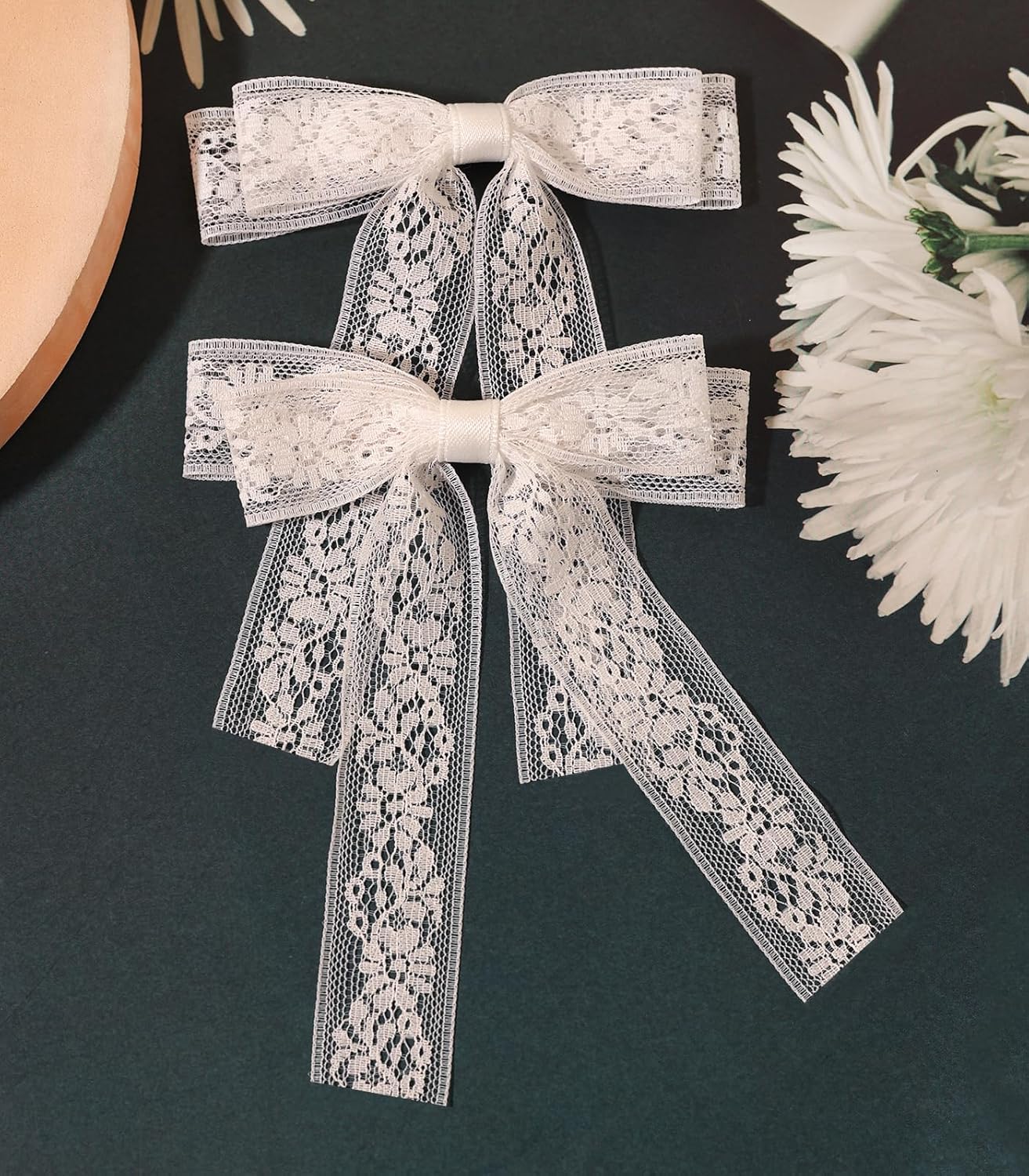 Skiennix White Lace Tulle Hair Bows - Long Tail Ribbons & Tassel Barrettes for Women
