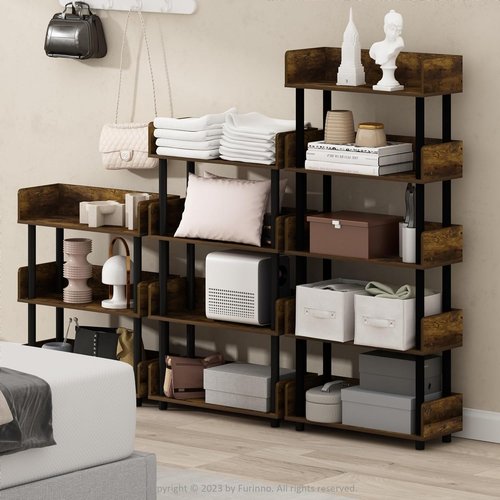 Furinno Turn-N-Tube 4-Tier Display Rack - Toolless Assembly, Amber Pine & Black Finish