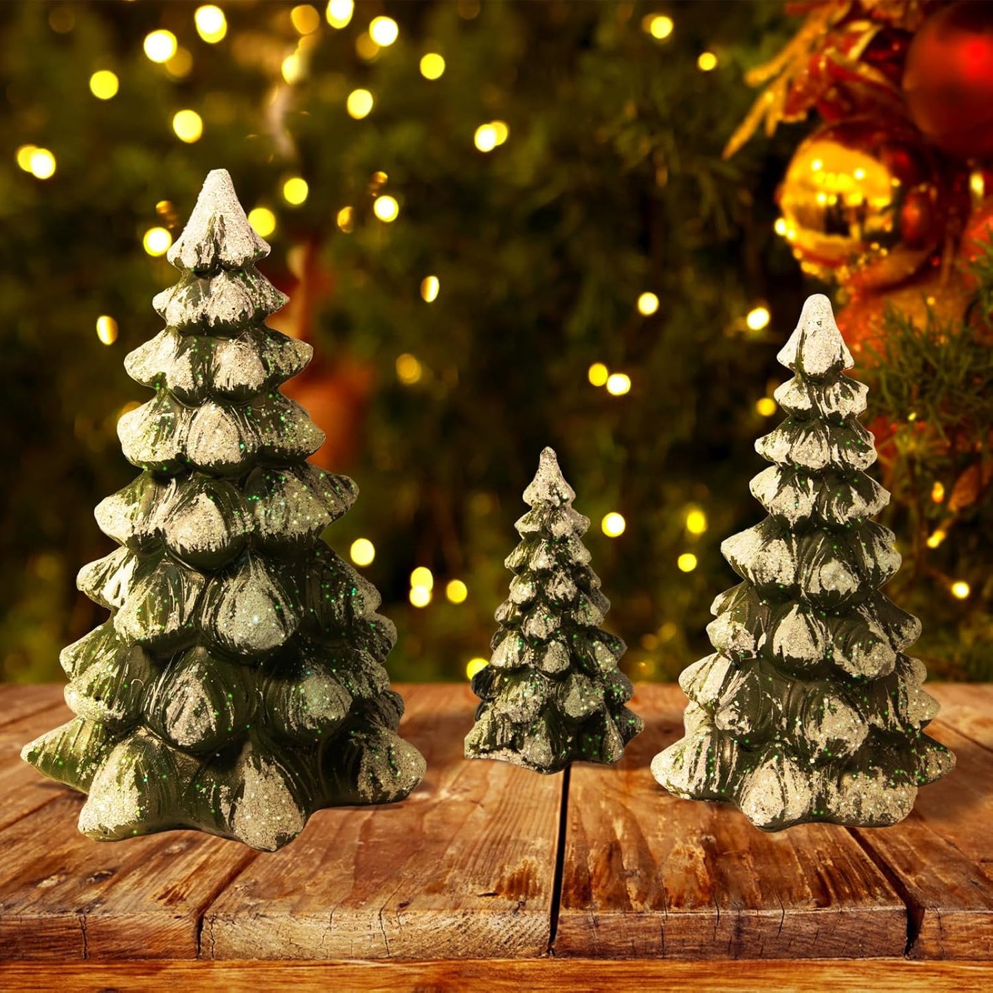 Skiennix Winter Wonderland Village Scene - 3-Piece Pine Accessory Figurine Set | Christmas Tree Decorations, Green