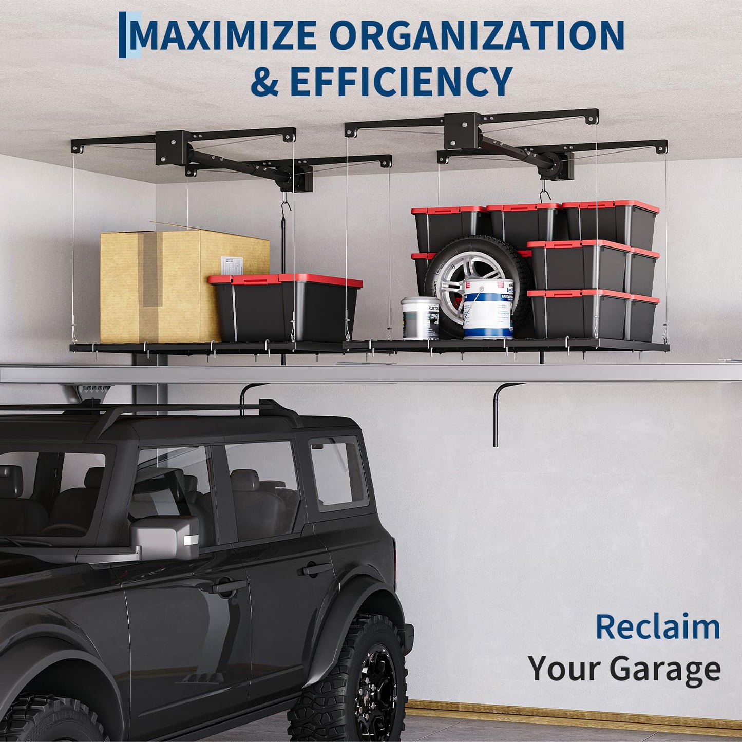 Heavy Duty Ceiling Storage Lift Adjustable 4x4 ft with Dual Safety Lock, 350 Lb Capacity Steel Ceiling Mounted Storage Racks for Garage Ceiling Organization and Overhead Storage, Ideal for Plastic Bin