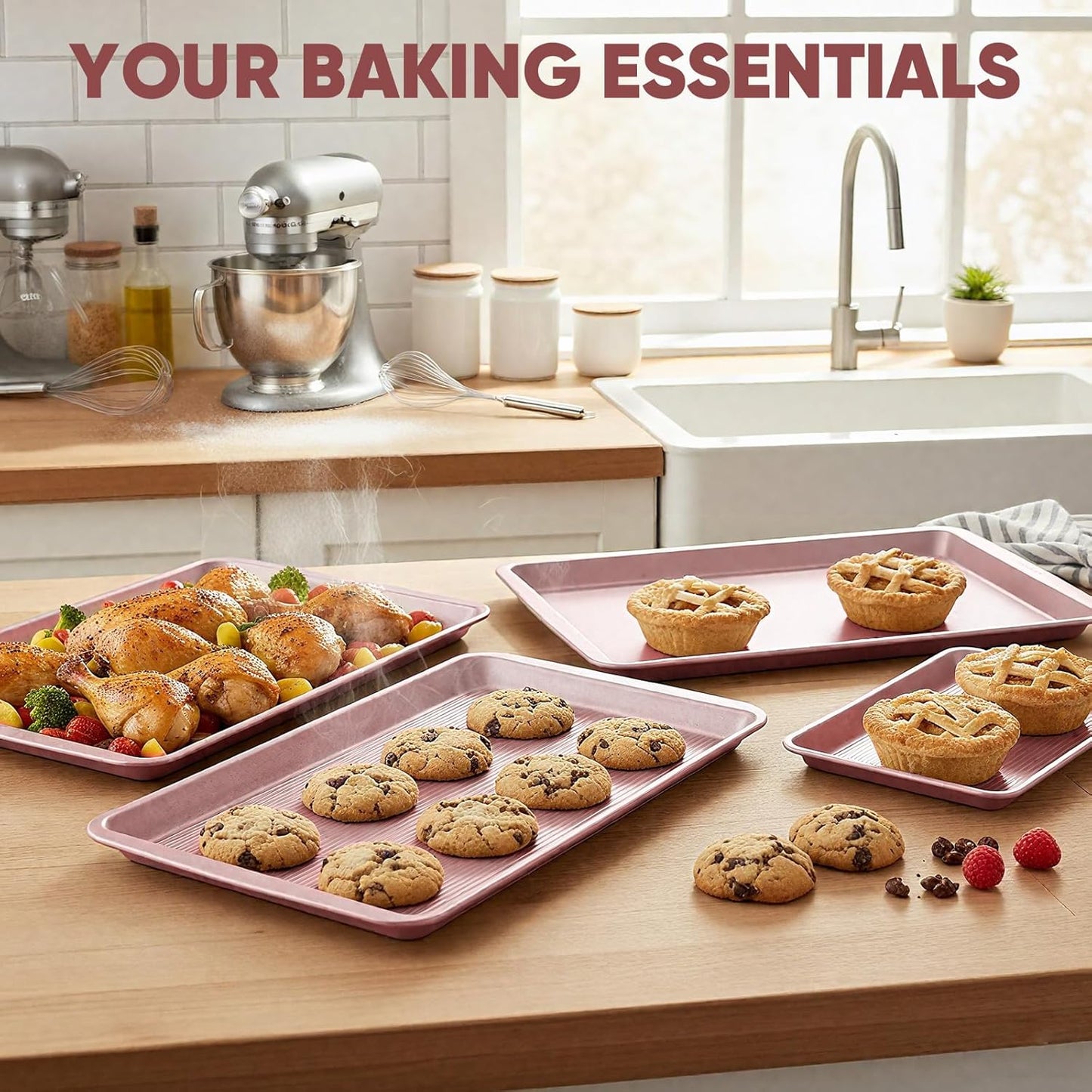 Sakerplus Nonstick Baking Sheet Pan Set - Heavy Duty Cookie Sheets | 0.6mm Thick, Rust-Resistant, Easy Clean (Pink)
