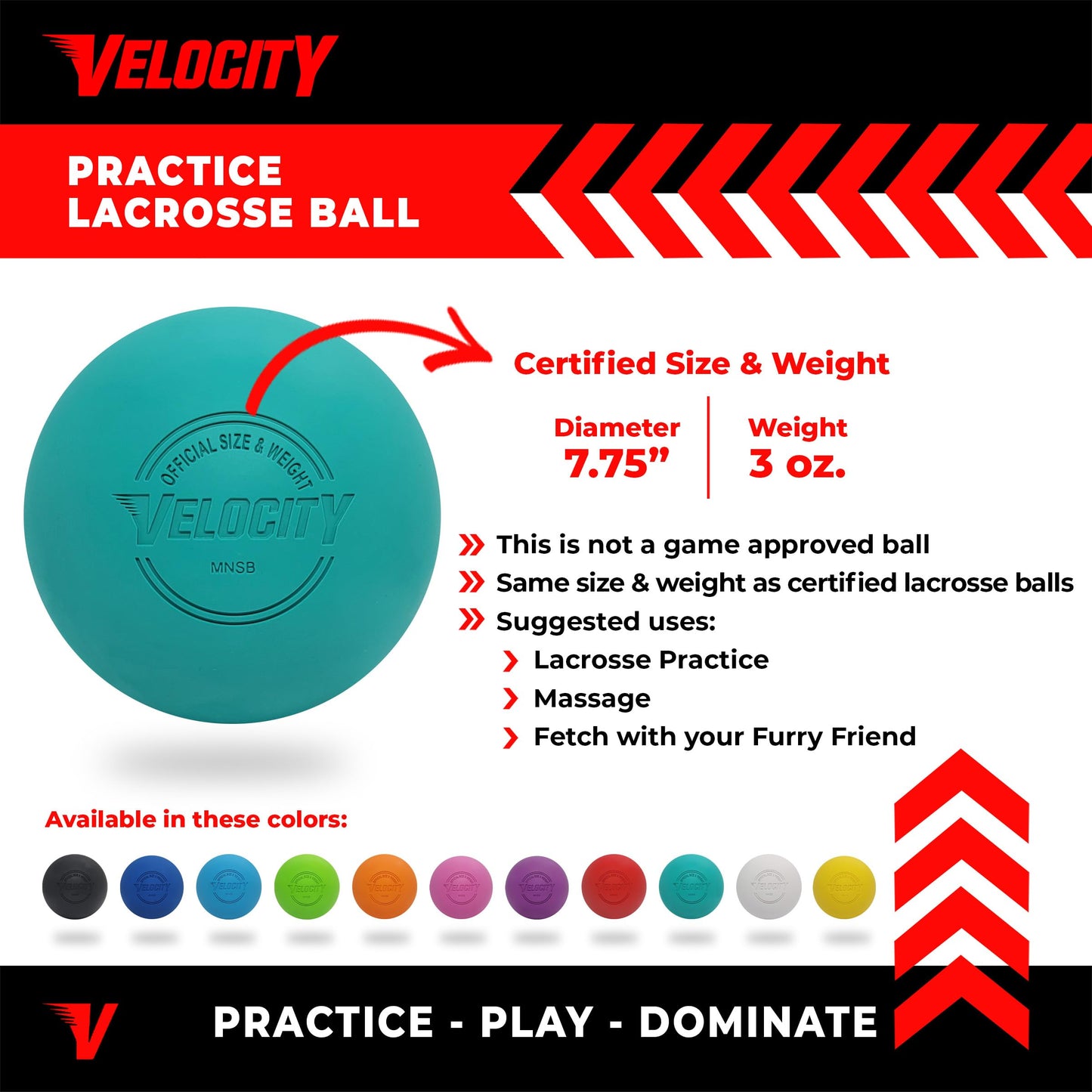 Velocity Practice Lacrosse Balls - 1, 2, 3, 6, 12, 18, 24, 36, 60 and 120 Packs - Official Size and Weight - Teal