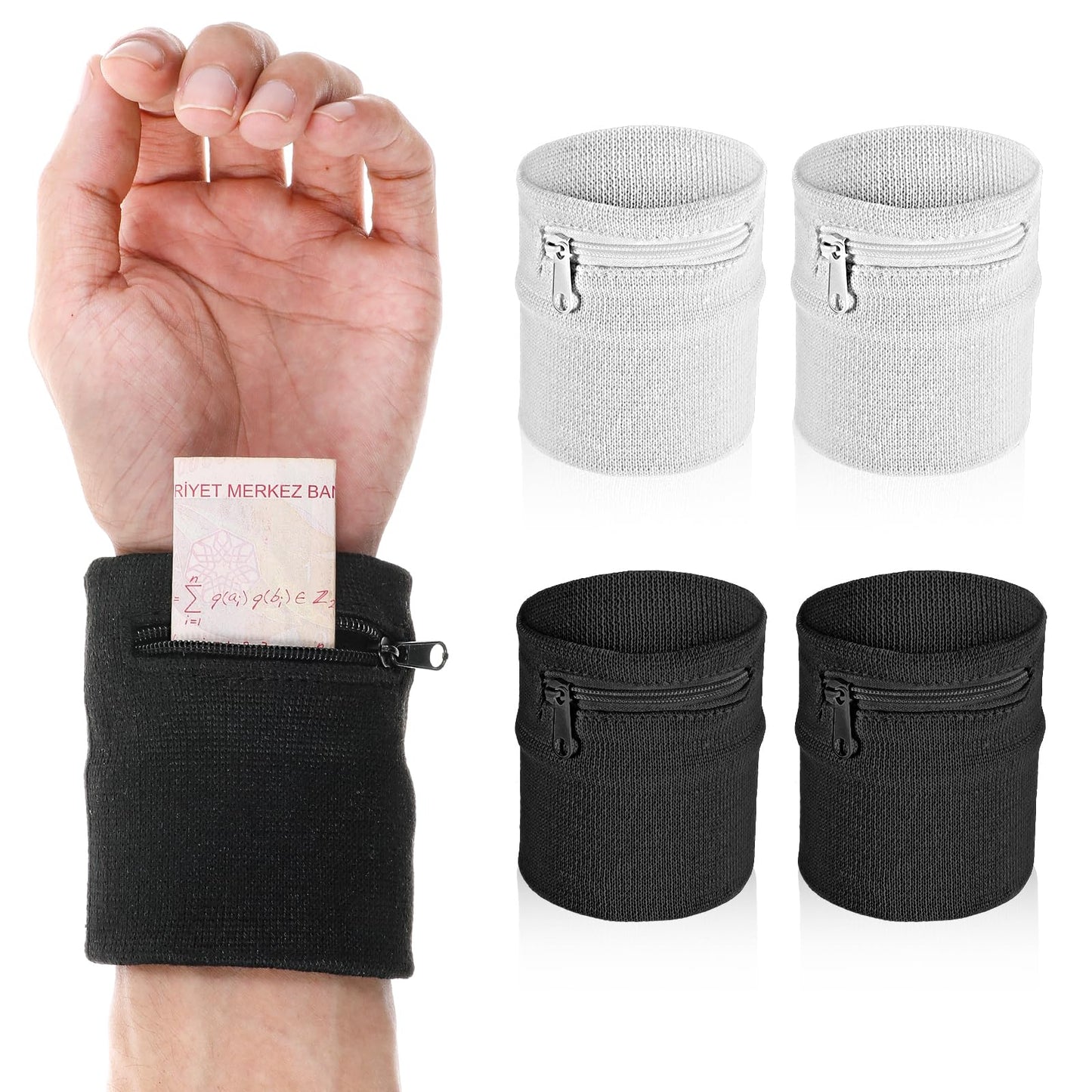 4Pcs Wrist Wallet,Wrist Sweatbands with Zipper Wrist Pouch for Women Men Running Walking Hiking Jogging Sports Sweatband Key Card Coin Storage（Black White）