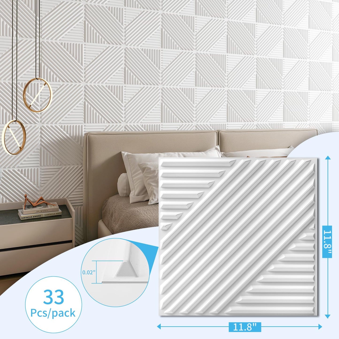 Art3d 33-Pack 3D Wall Panels for Interior Wall Decor, Textured Accent Walls Paneling for Living Room, Bedroom, TV Background, 12"x12" White