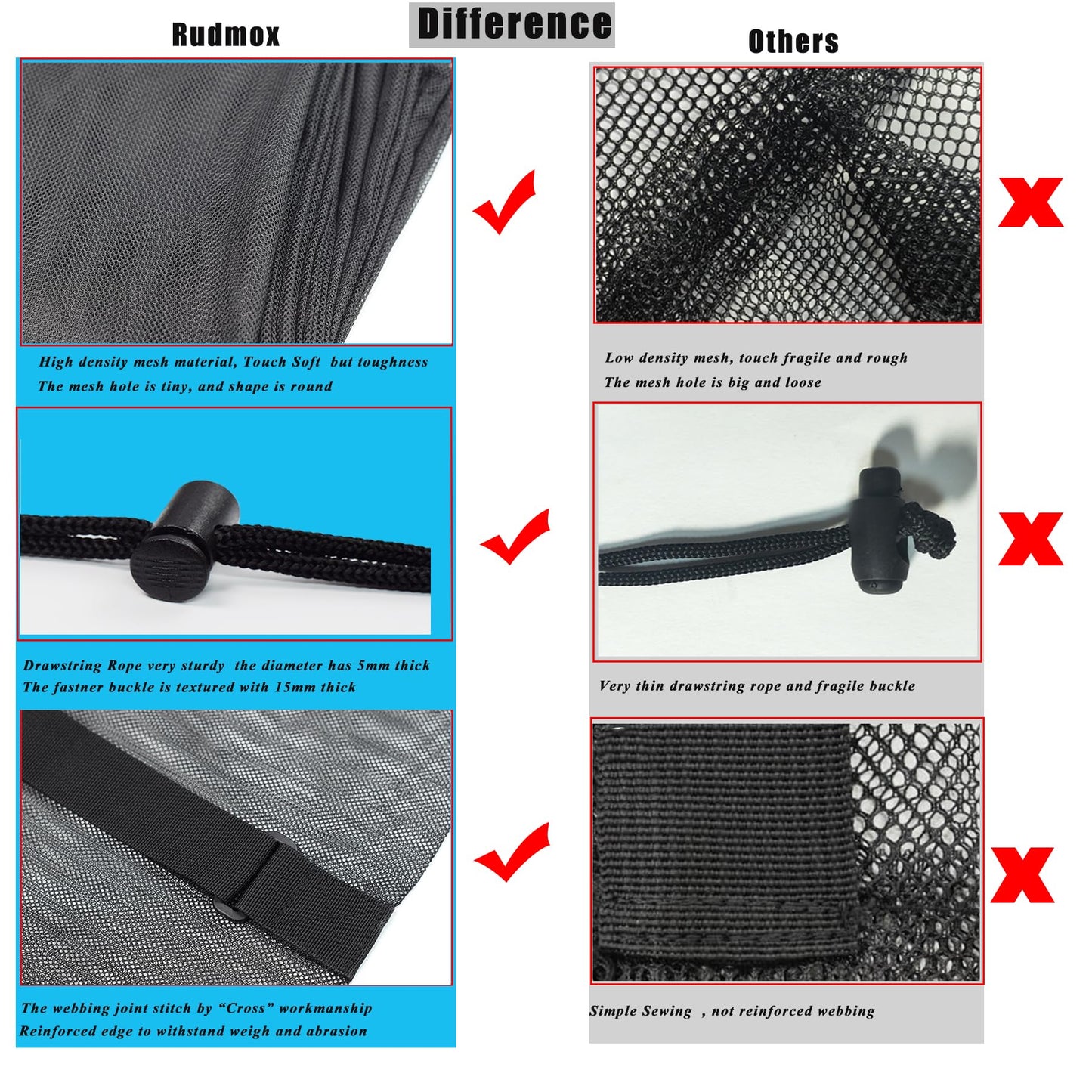 Rudmox Heavy Duty Mesh Ball Bag, Drawstring Sport Equipment Storage Bag for Basketball, Soccer, Sports Beach and Swimming Gears with Adjustable Shoulder Strap Outdoor Organizer (Black-XL)