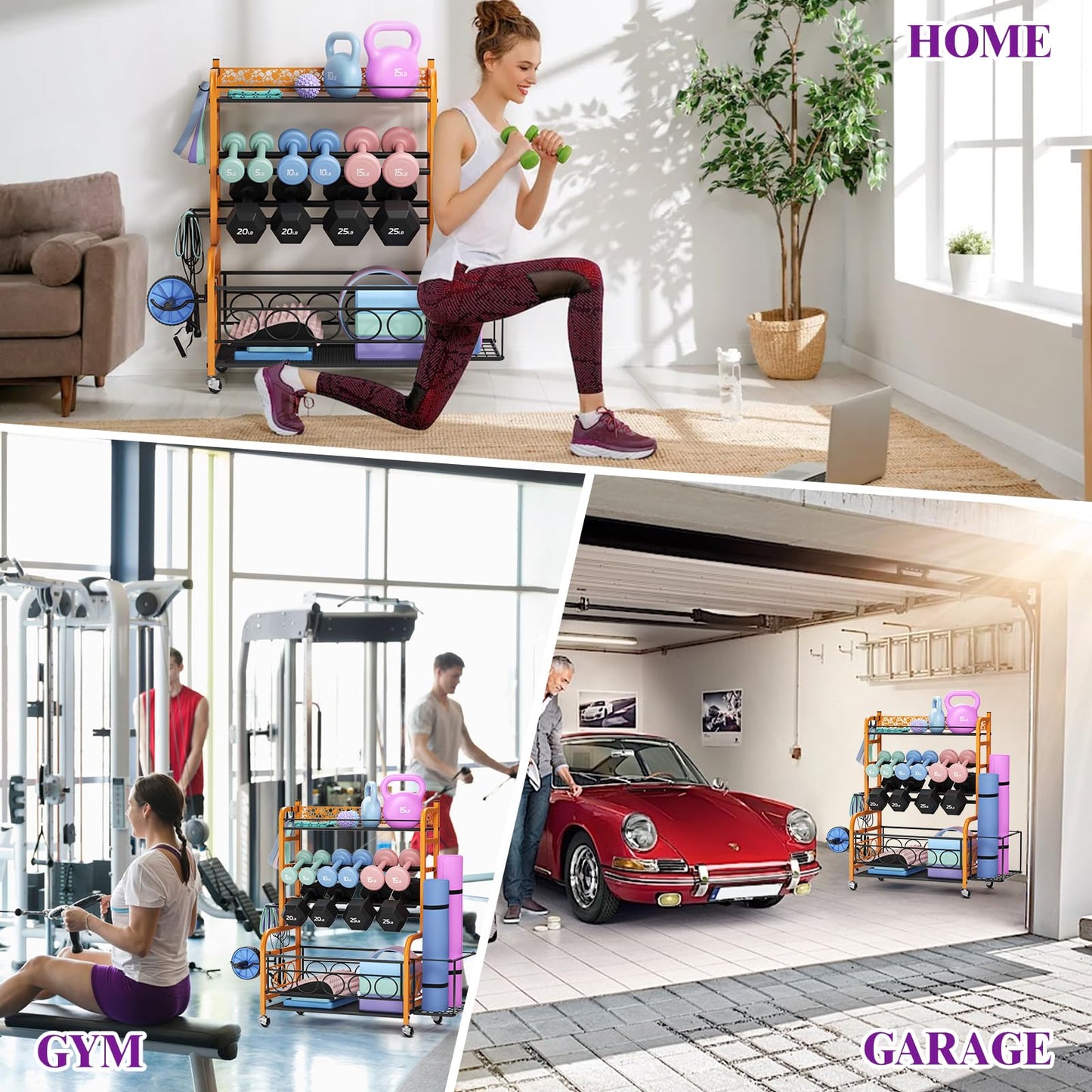 Dumbbell Rack,VOPEAK Weight Rack for Dumbbells, Weight Rack for Home Gym, Home Gym Storage Rack for Yoga Mat Kettlebells and Strength Training Equipment, Weight Storage Rack for Dumbbells with Wheels