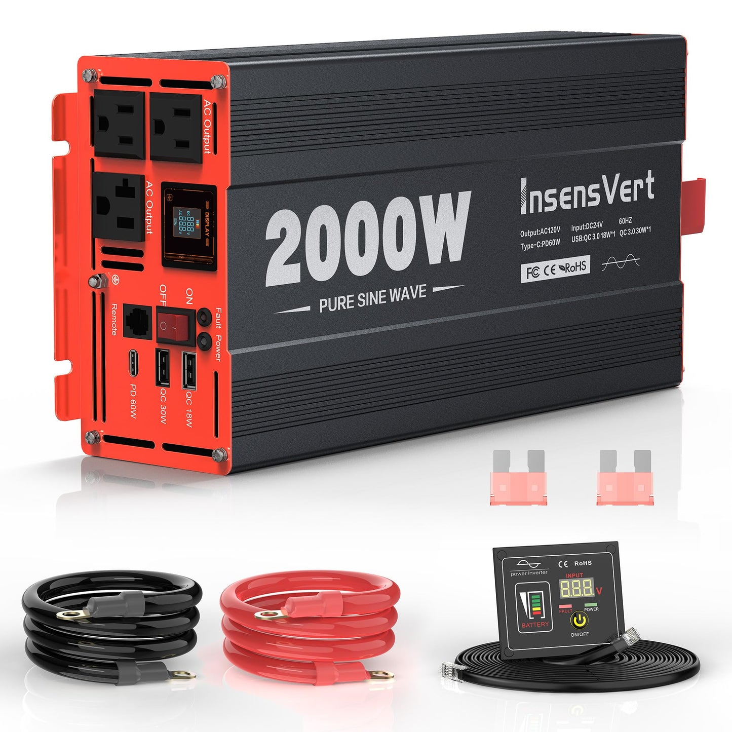 2000 Watt Pure Sine Wave Power Inverter DC 24V to 120V AC, with 2 AC,18W USB, and 30W Type-C Charging Ports, Car Solar Power Inverters with LCD Display for Home RV Truck