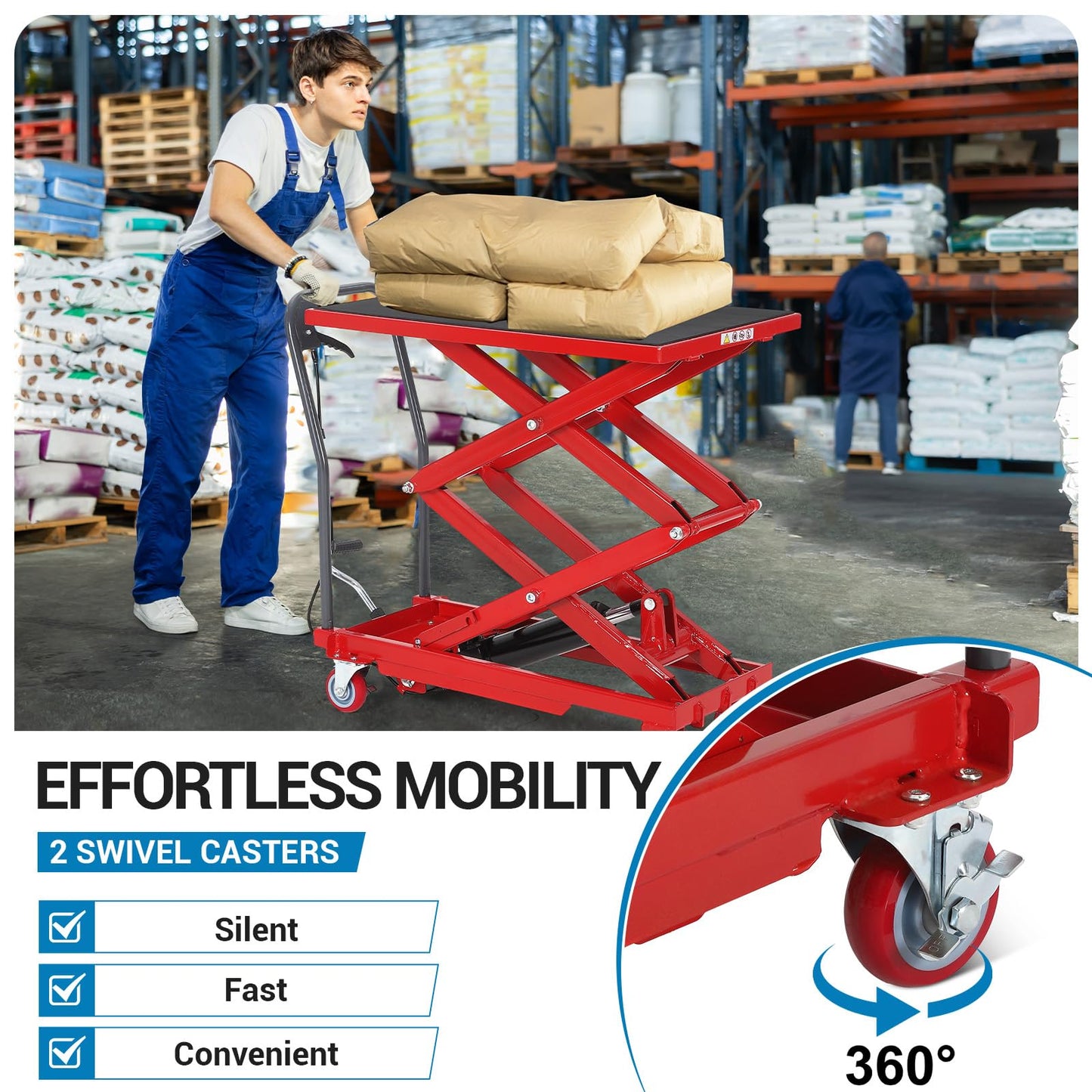 Hydraulic Lift Table Cart, 770lbs Capacity 50" Lifting Height Hydraulic Table Cart, Double Scissor Lift with Non-Slip Pad for Material Handling and Transportation, Red