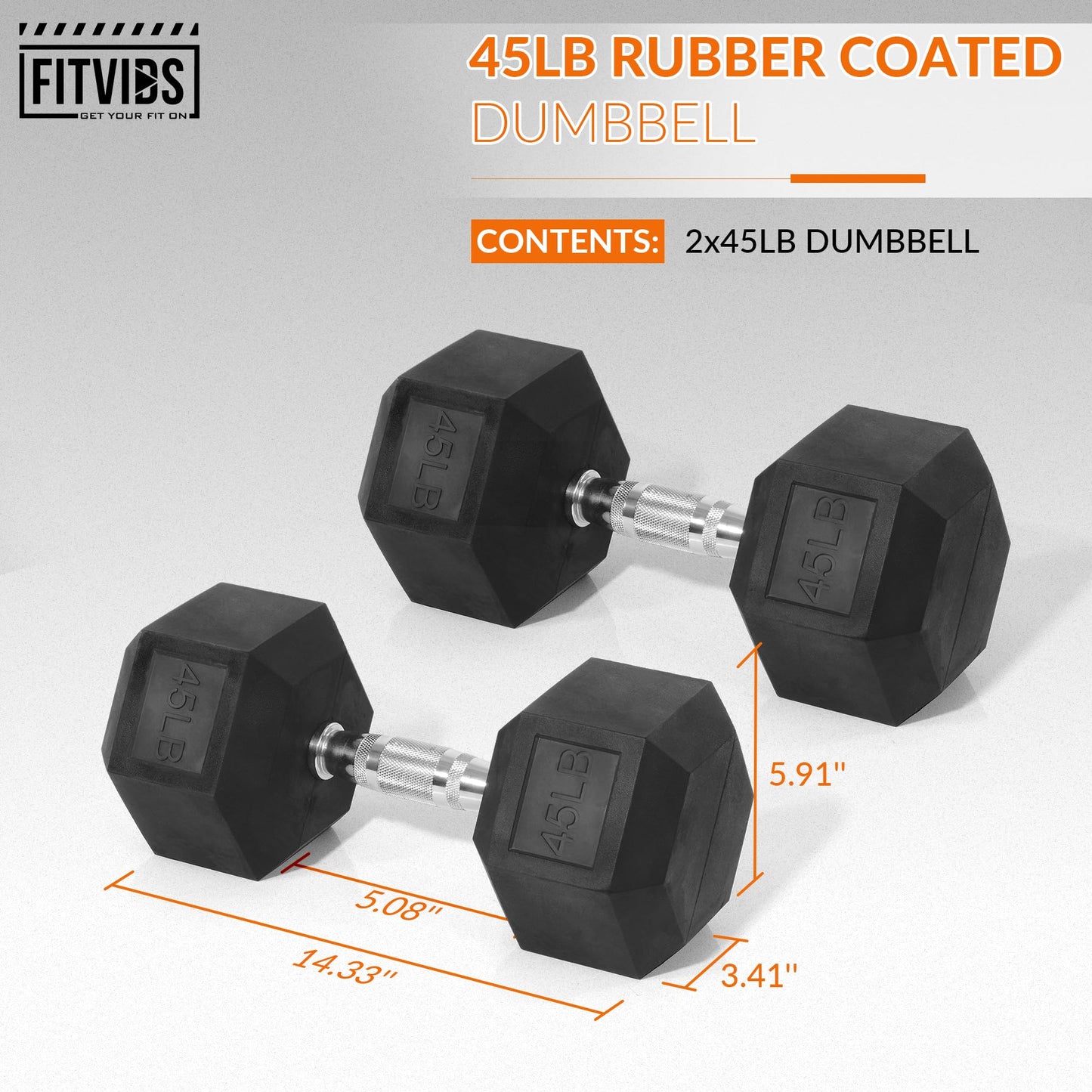 Fitvids Hex Dumbbells Rubber Coated Hand Weights for Exercises and Fitness â€“ 45 LB Pair â€“ Black