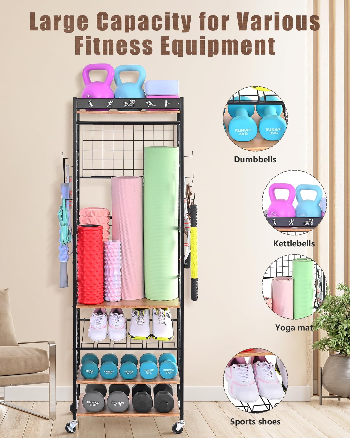 Mythinglogic Yoga Mat Storage Rack, Workout Equipment Organizer for Home Gym, Weight Rack for Dumbbells Kettlebells and Strength Training Equipment