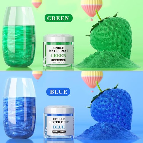 Cherrysea Luster Dust Edible Set | 2 Colors Food Grade Shimmer Powder for Cakes & Cocktails - 4g Bottles (Blue & Green)