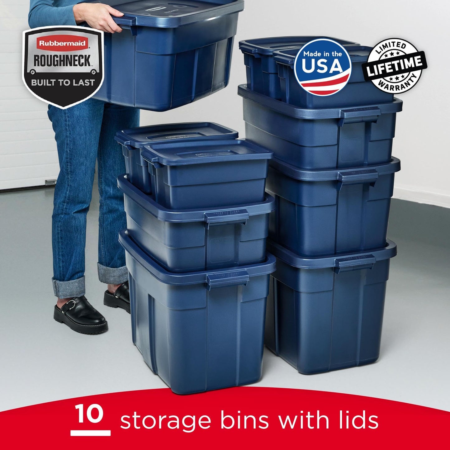 Rubbermaid Roughneck Tote Variety - |Made in the USA| Dark Indigo Metallic, Rugged Plastic Stackable Storage Tote with Lid and Handles (Pack of 10)