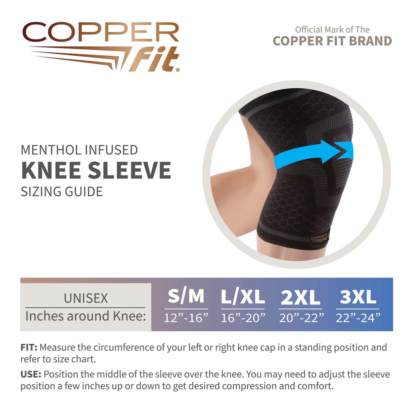 Copper Fit unisex adult ICE Sleeve, S/M Knit Compression Knee Sleeve Infused with Menthol and CoQ10 for Maximum Recovery, Black, Small /Medium US (12"-16")