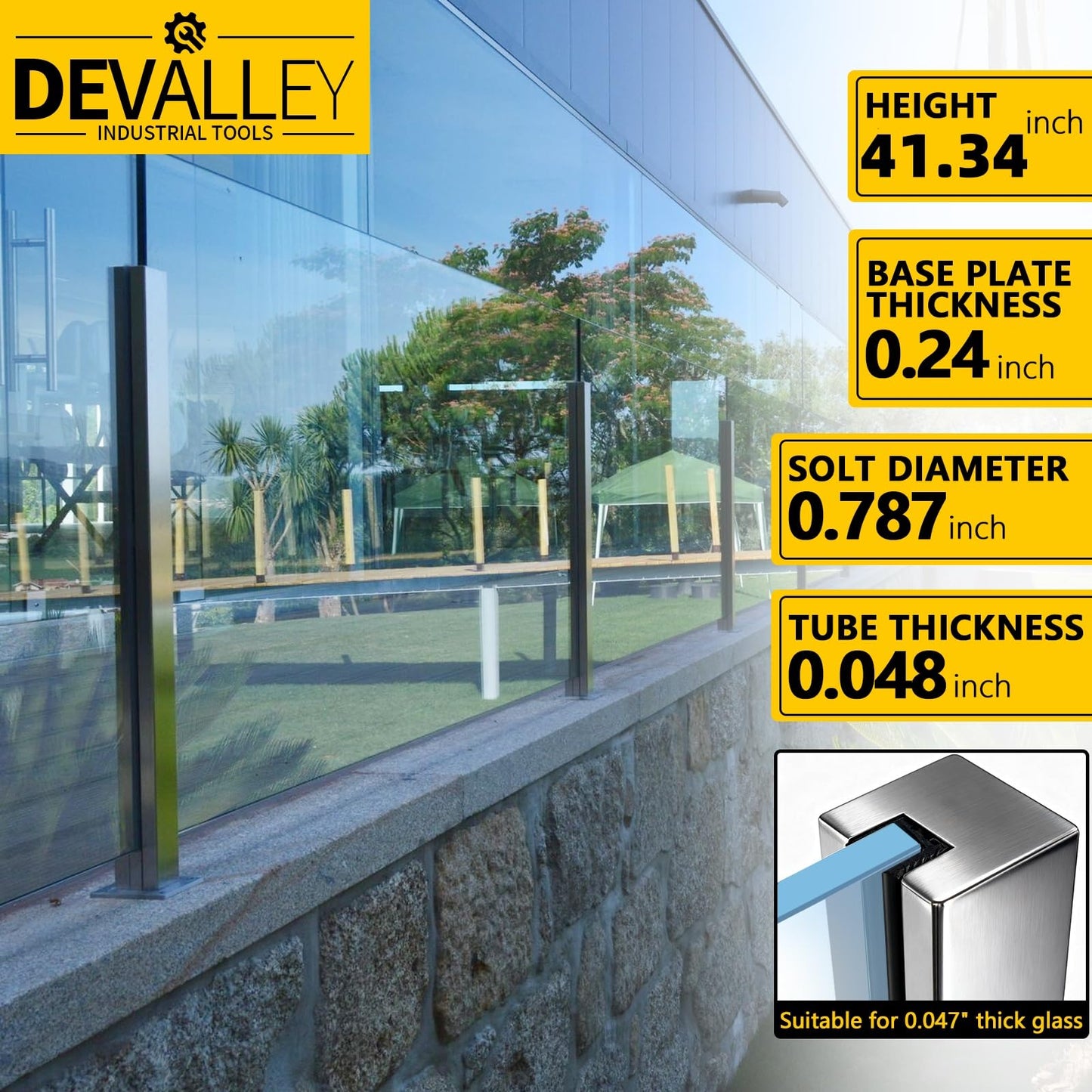 DEVALLEY 3ft(41.34") Glass Balustrade End Post with Mounting Strip,Silver Garden Privacy Fence Posts with Spigot Slot & Sturdy Base for Glass,Wood,PVC,DIY Serial Post for Steps,Balcony,Deck,Yard