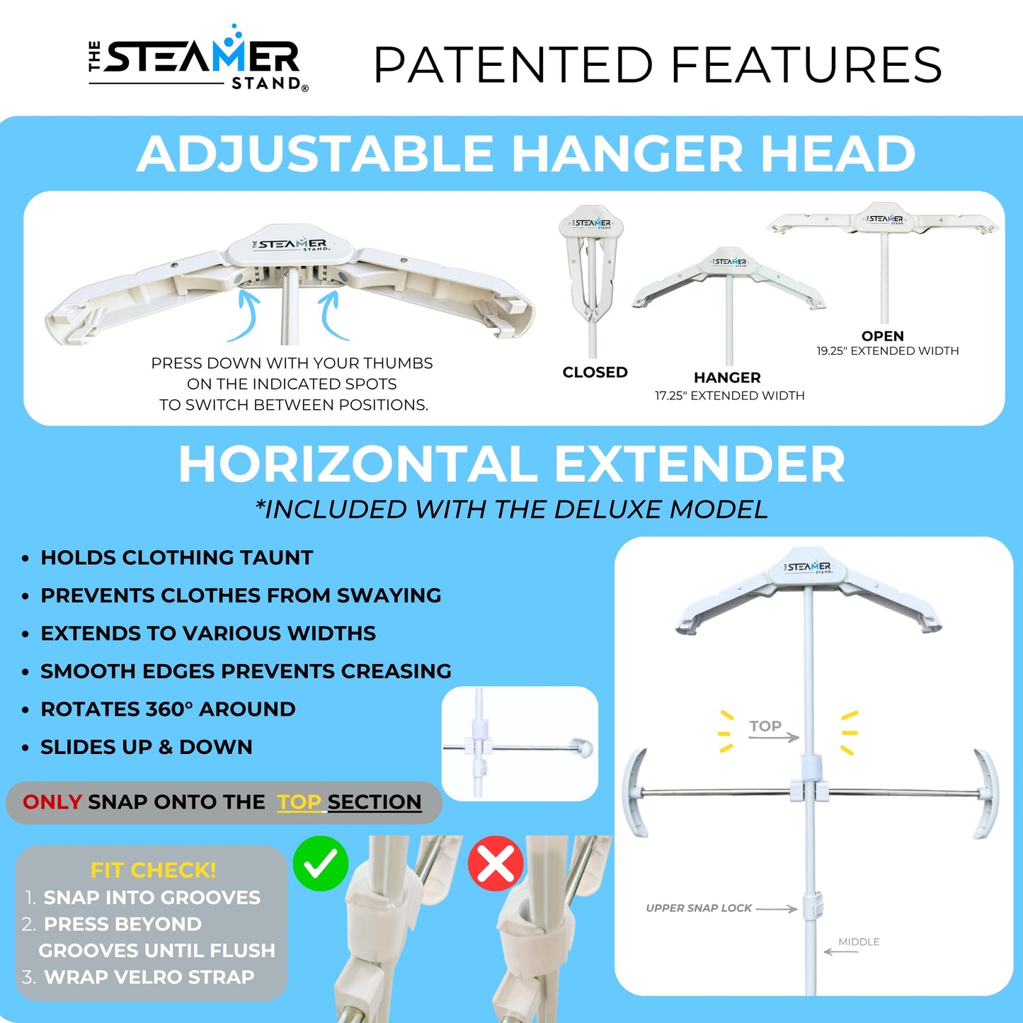 The Steamer Stand Deluxe | Adjustable Standing Garment Steaming Rack with Hanger | Fast, Foldable, Portable Clothes Steam Ironing Solution for Travel & Home