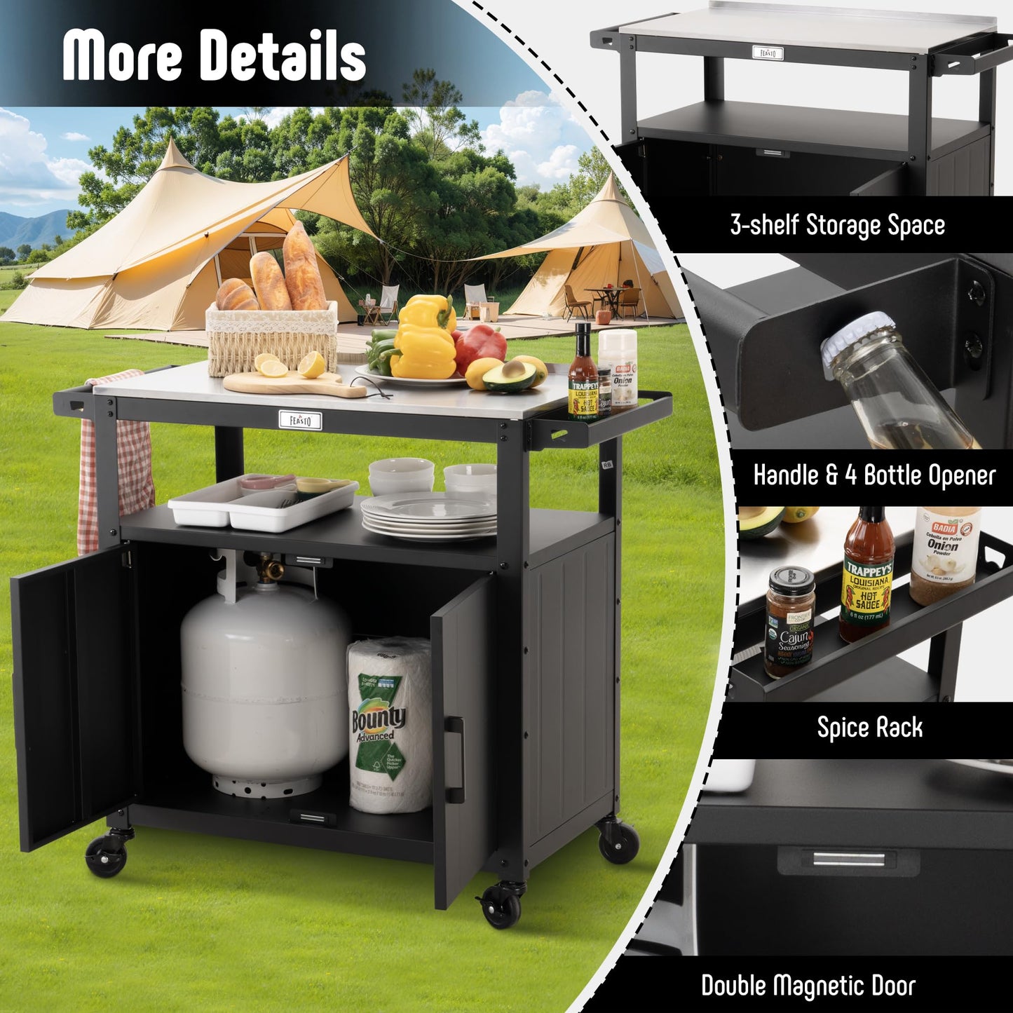 Feasto Outdoor Grill Cart with Stainless Steel Tabletop and Storage Cabinet, Movable Kitchen Island with Wheels for BBQ Food Prep, Black