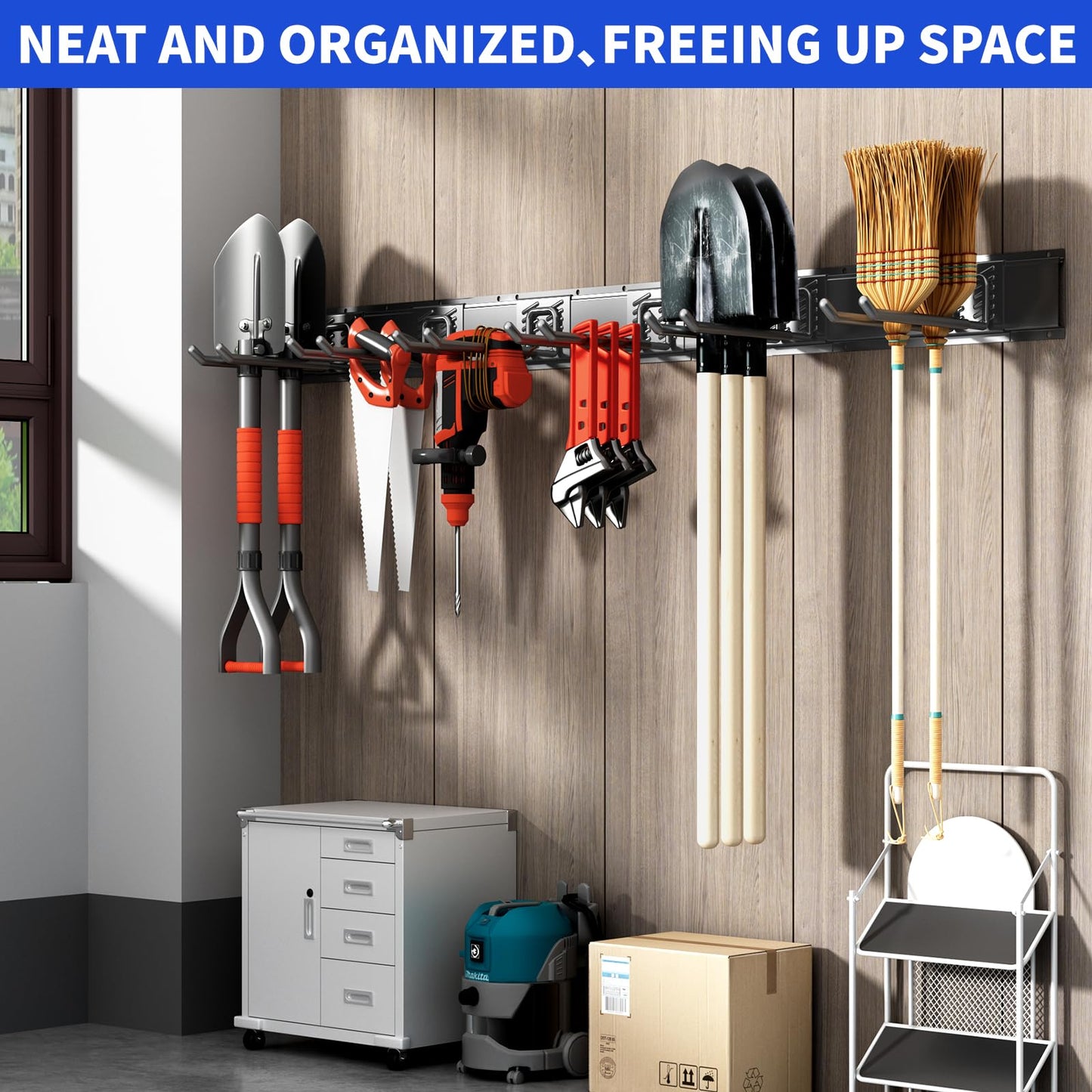CRXCRC Garage Tool Organizer Wall Mount, 48 Inch Heavy Duty Garden Tool Organizer Storage System, Easy Install with 6 Adjustable Straight Hooks, for Garage, Basement, Shed, Workshop, Black, Steel