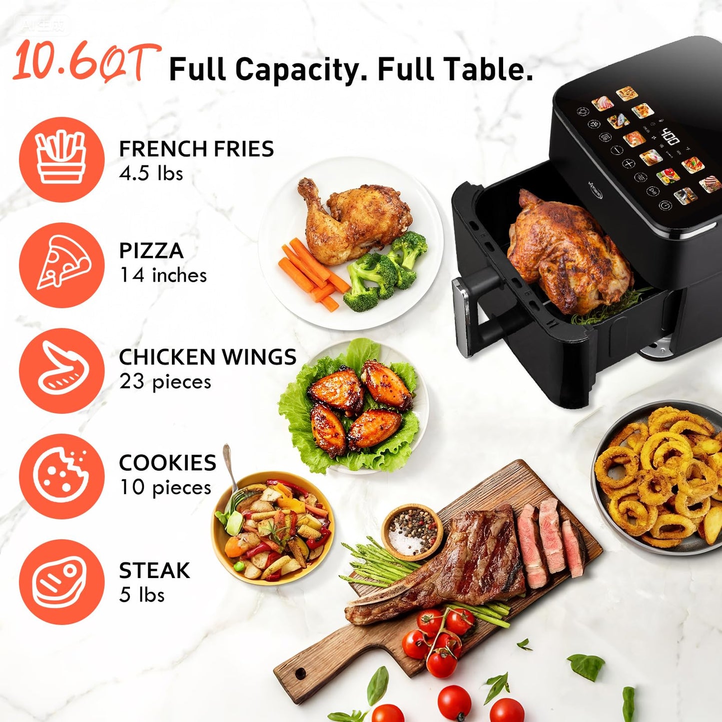 KINSING 10.6 QT Oilless XL Large Air Fryer, 9 Presets & Keep Warm, Stainless Steel Inner Cavity, 400℉ Precise Temp Control, Shake Reminder, Square Non-Stick&Dishwasher Safe Basket,With Visible Window