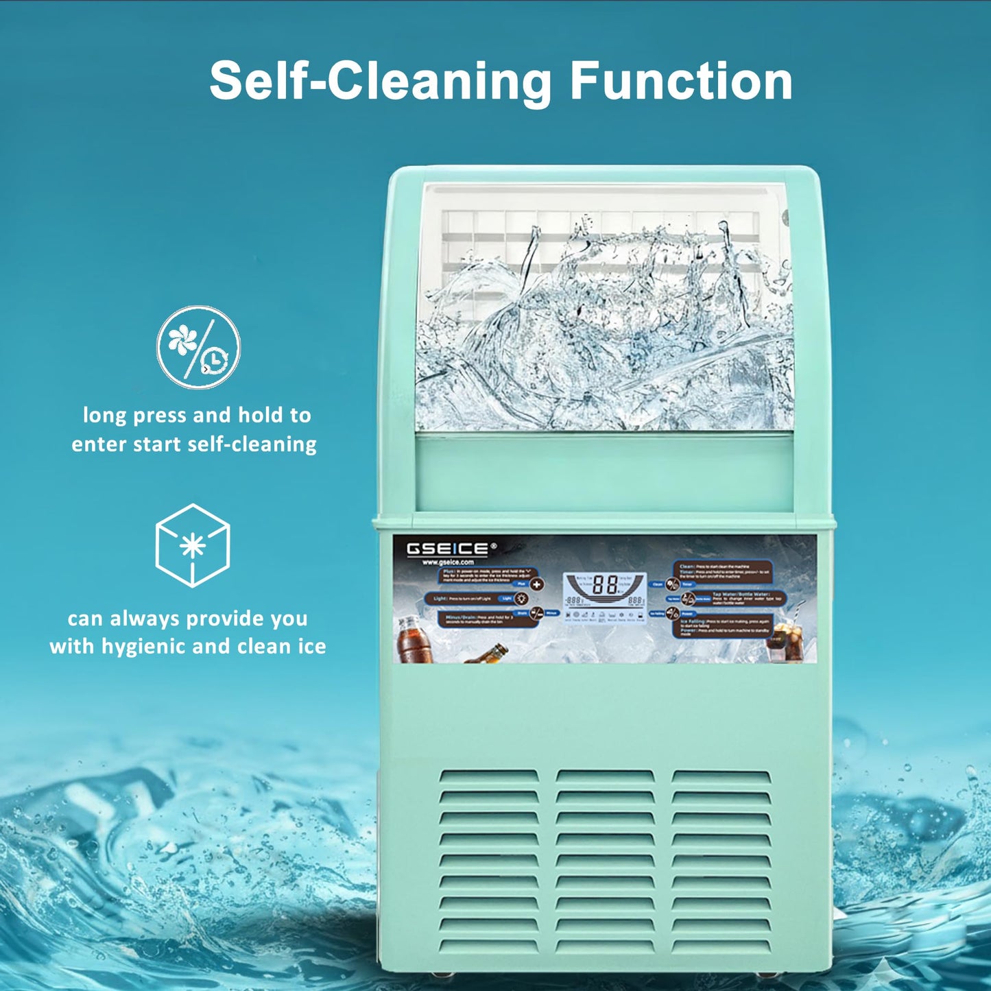 Commercial Ice Maker Machine, 100lbs/24H Ice Machine with 20lbs Storage Bin, 50 Cubes in 8-12 Mins, Small Size Freestanding/Under Counter Ice Maker, Support Gallon Bottle Water, Timer, Self-Cleaning