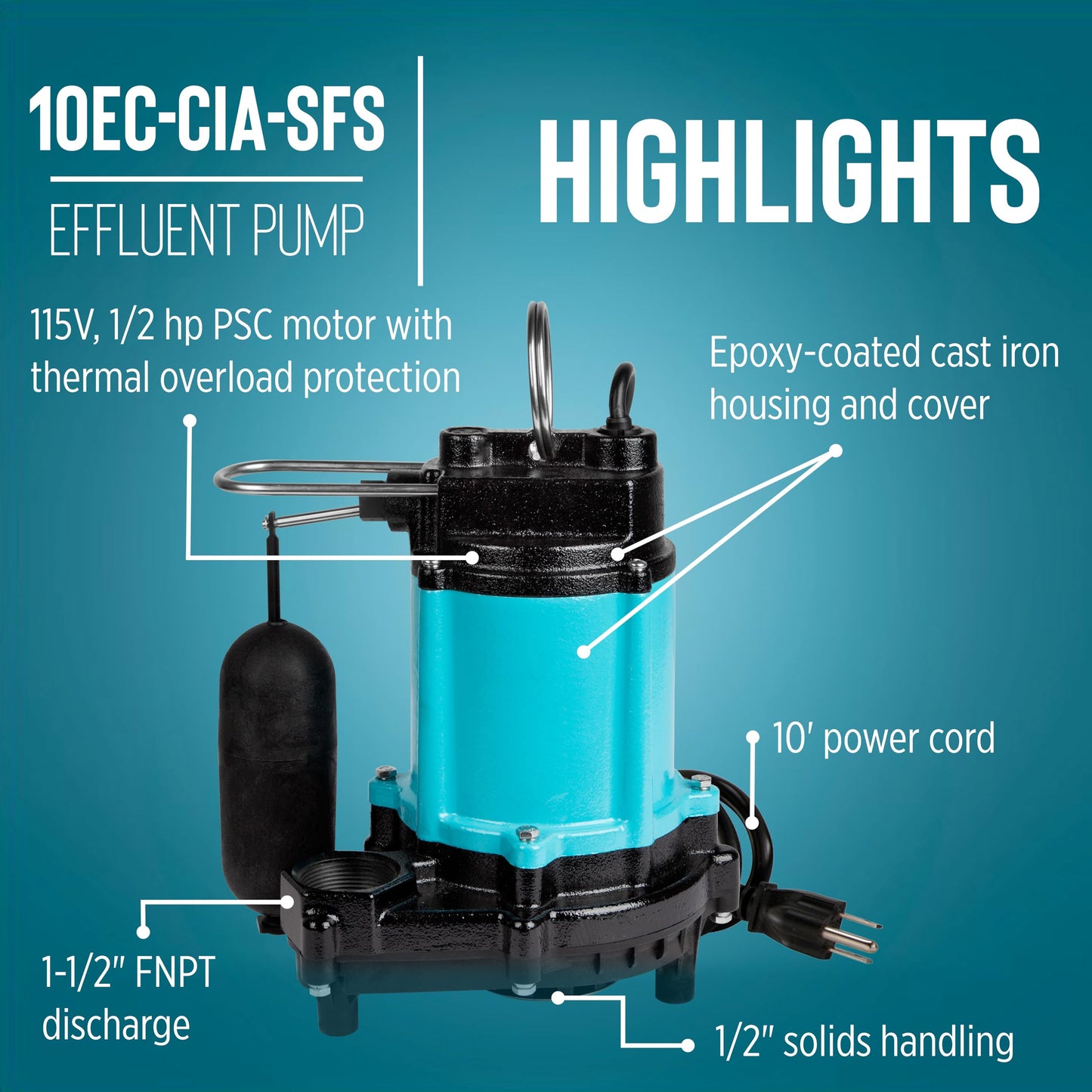 Little Giant 10EC-CIA-SFS 115-Volt, 1/2 HP, 4020 GPH Automatic Cast Iron Sump/Effluent Pump with polypropylene base, integrated snap-action float switch and 10-ft. cord, Blue, 510803