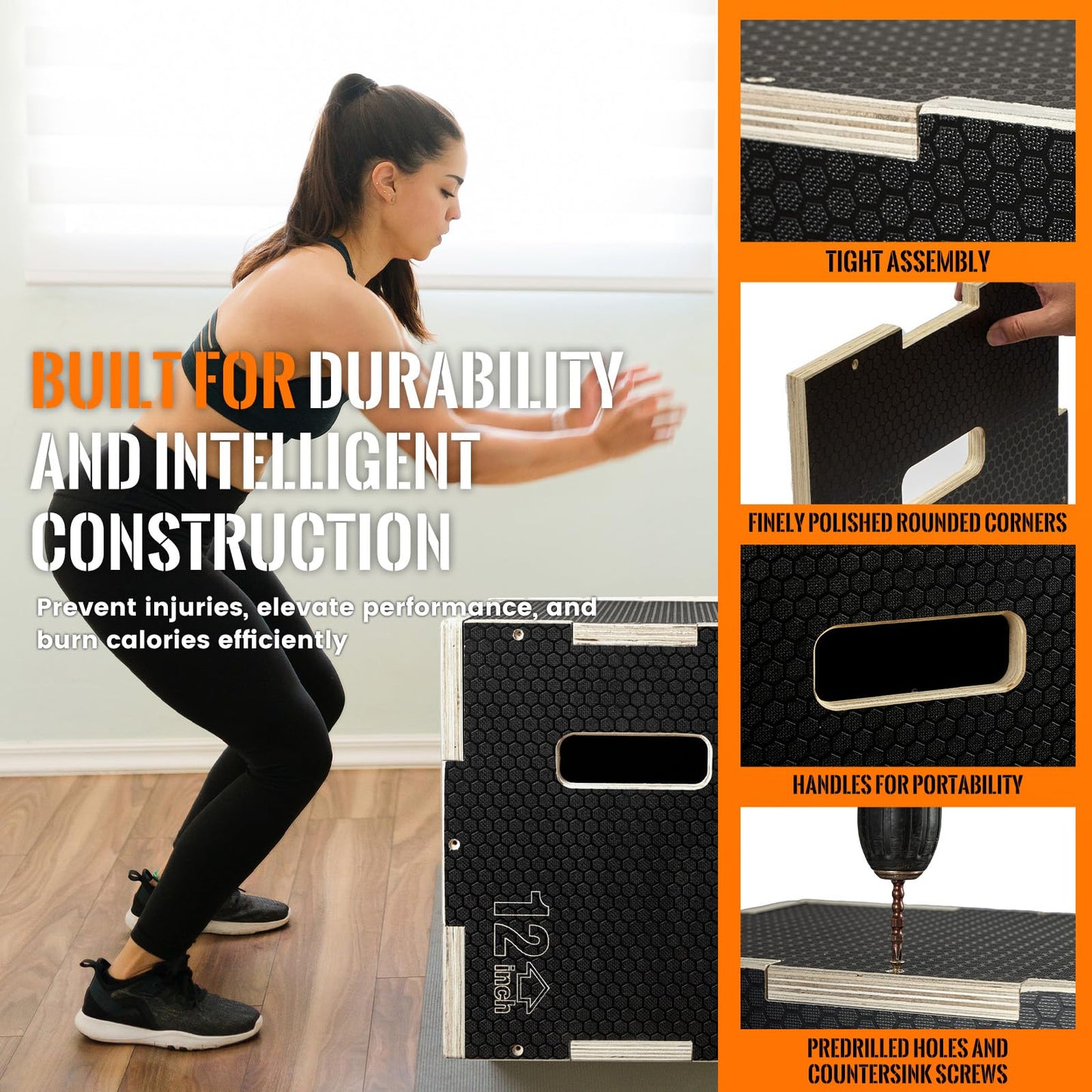 CAELUM 3-in-1 Wooden Plyo Box – 400lbs Heavy-Duty Jump Box for Home & Gym, Non-Slip Plyometric Box for Step-Ups, Squats & Strength Training