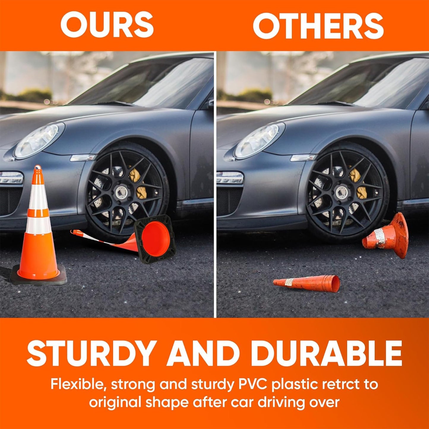Pyle 28" PVC Traffic Cones, 8-Pack Safety Cones for Parking, Construction, Roadwork, & Sports Training, High-Visibility Orange, Durable, Stackable Design, Heavy-Duty Base for Stability in All Weather