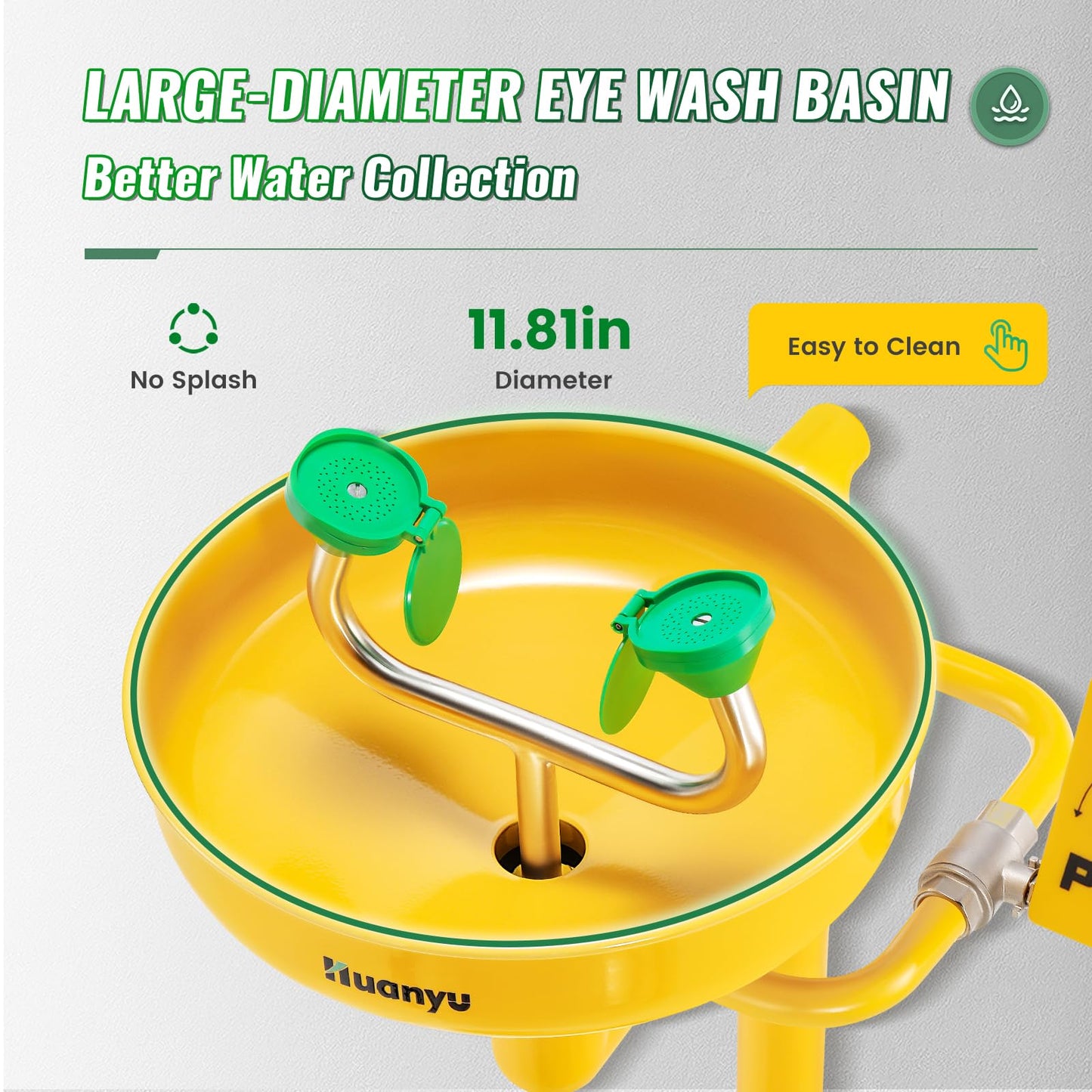 Huanyu Stand Up Eye Wash Station Floor Mounted Eyewash Station Adjustable Water Flow Emergency Eye Washing Station Stainless Steel with Eye Wash Sign Factory (1207-1 Yellow)