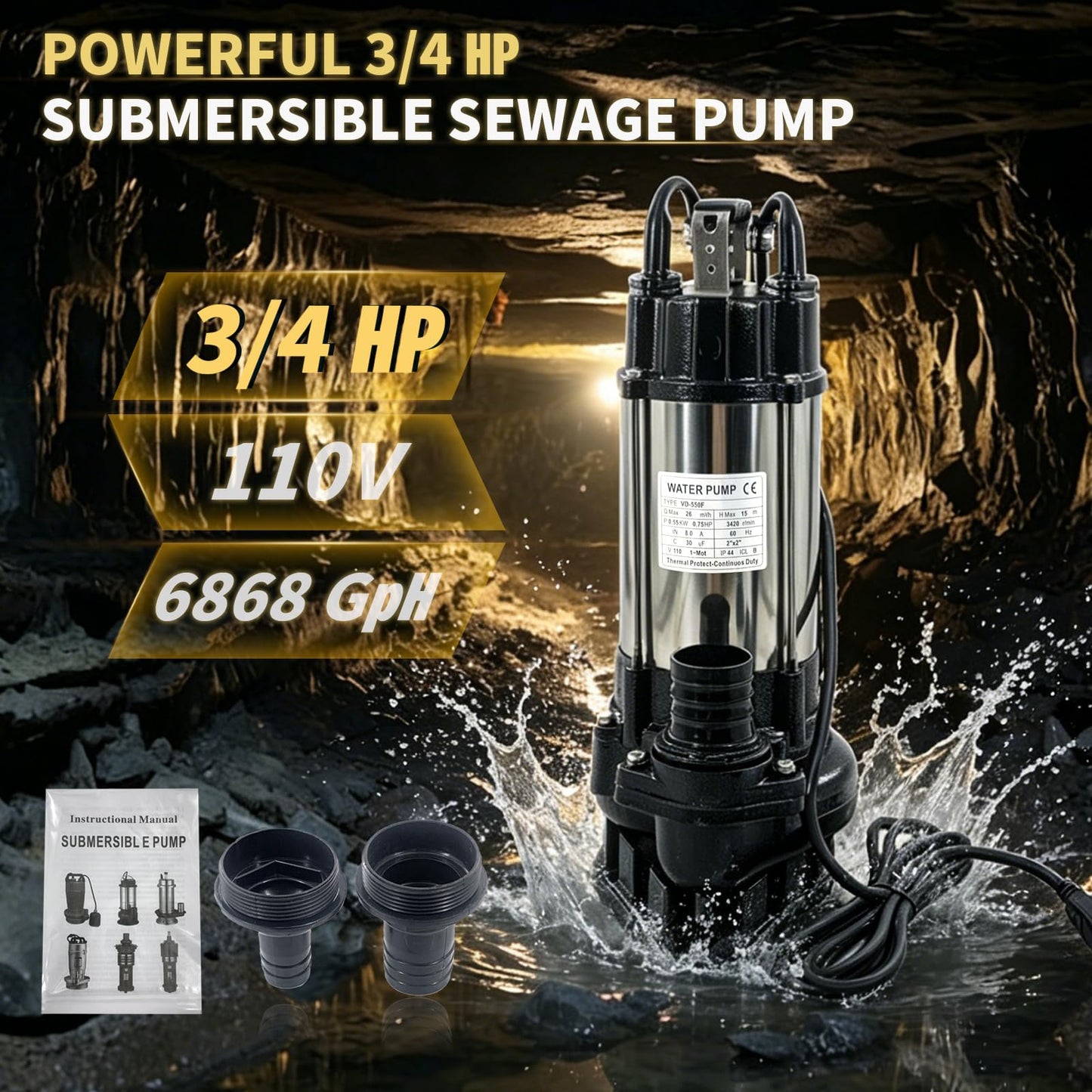 Submersible Sewage Sump Pump, 3/4HP 115V, 6868 GPH Stainless steel Sewage Pump Automatic Float Switch, 2'' NPT Discharge, 10FT Cable for Basement Sump Basin & Sewage Pit