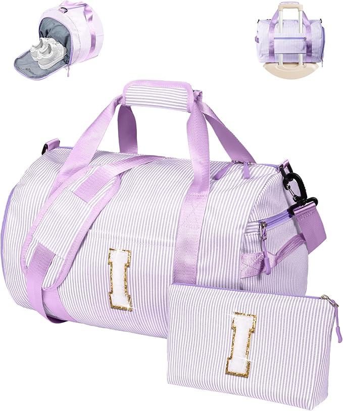 Daughter Gift from Mom, Girl Gym Bag, Kids Initial Overnight Duffel Bags with Shoe Compartment, Personalized Dance Bag with Makeup Pouch, Gifts for Sister Niece Granddaughter (Letter I)