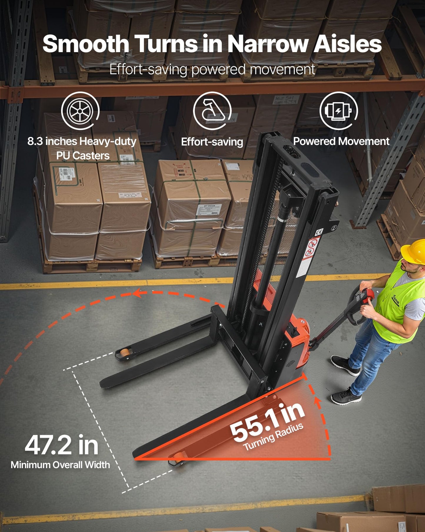 VEVOR Full Electric Pallet Stacker, 3300 lbs Capacity, 98.4'' Lifting Height, Pallet Lift Stacker Forklift with Straddle Legs & Forks, 8.66-31.1 Inches Adjustable Fork Width, Orange & Black