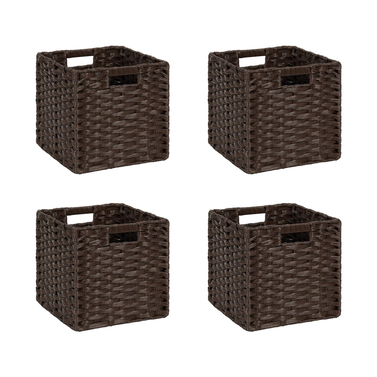 DULLEMELO Wicker Storage Baskets 11x11 Cube Storage Bins for Organizing Plastic Woven Baskets Set of 4 Waterproof Wowen Storage Cube Organizer for Pantry Closet Set of 4 - Deep Coffee