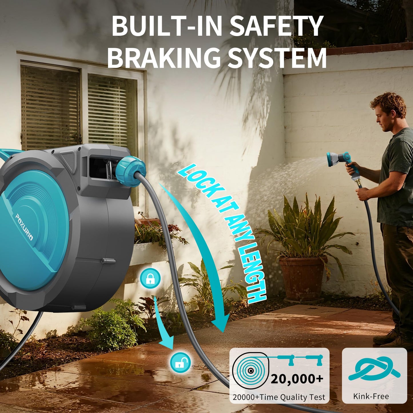 POXURIO 1/2" 110FT Retractable Garden Hose Reel, Wall Mounted Automatic Hose Reel with Upgraded 10 Pattern Nozzle/Any Length Lock/Slow Return System/180°Swivel Bracket, AquaBlue