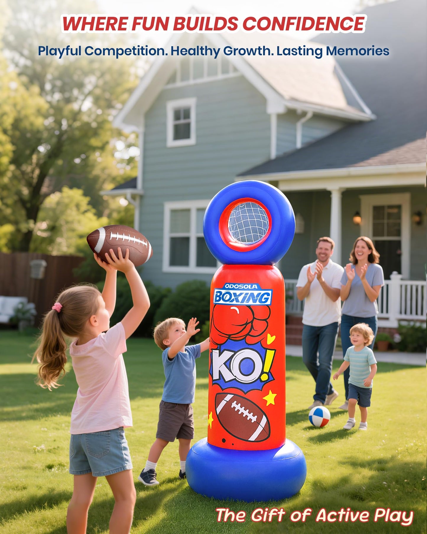 ODOSOLA Inflatable Punching Bag for Kids, 2-in-1 Freestanding Boxing Bag with Football Toss Game, 68.8'' Heavy Duty Karate Taekwondo Toy for Boys Girls Ages 3-12, Birthday Xmas Gift Ideas